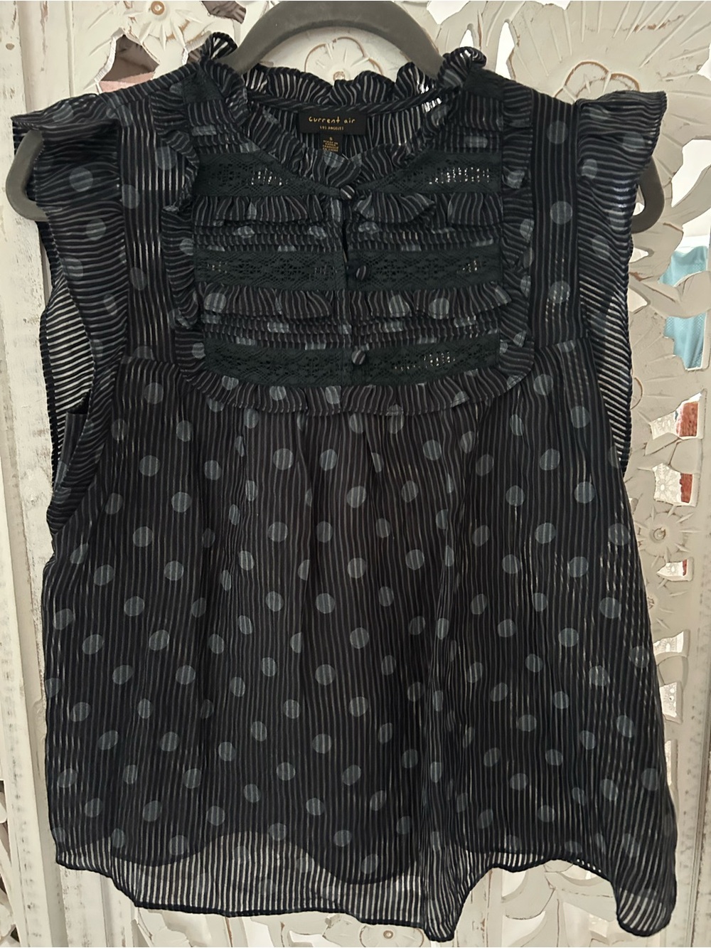 Anthropologie Current Air Navy Polka Dot Ruffled Sleeveless Blouse